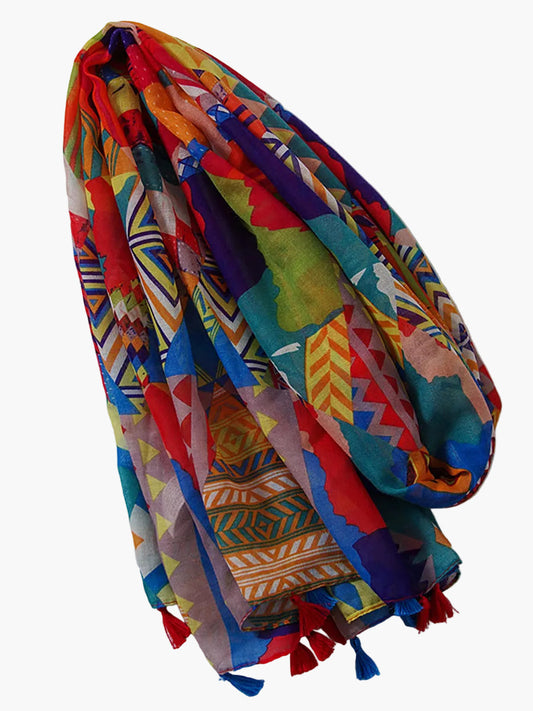 Damen Ethno Style Schal mit buntem geometrischem Muster und Quasten – Modisches Accessoire für Frühling, Sommer & Herbst