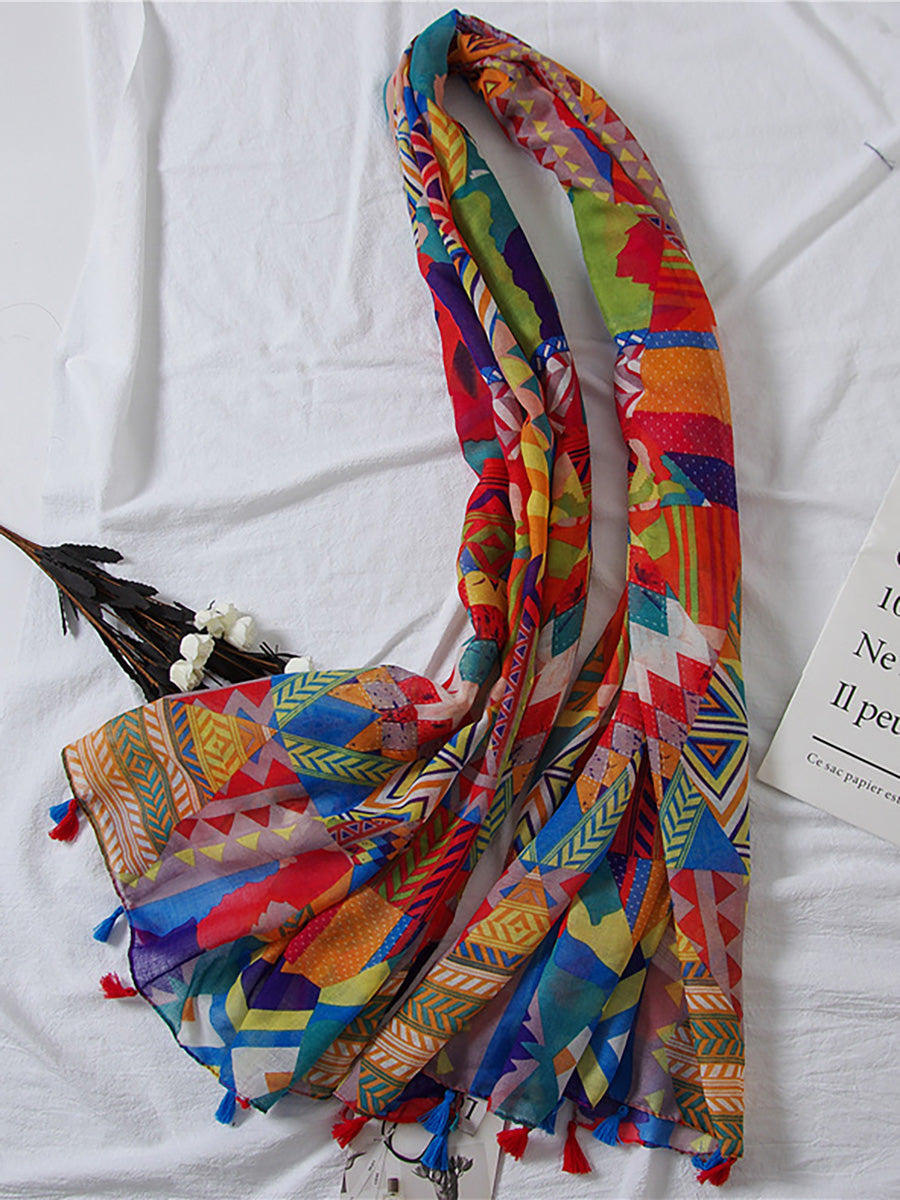 Damen Ethno Style Schal mit buntem geometrischem Muster und Quasten – Modisches Accessoire für Frühling, Sommer & Herbst