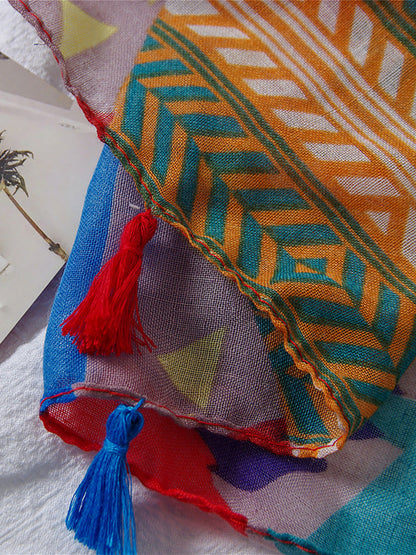 Damen Ethno Style Schal mit buntem geometrischem Muster und Quasten – Modisches Accessoire für Frühling, Sommer & Herbst