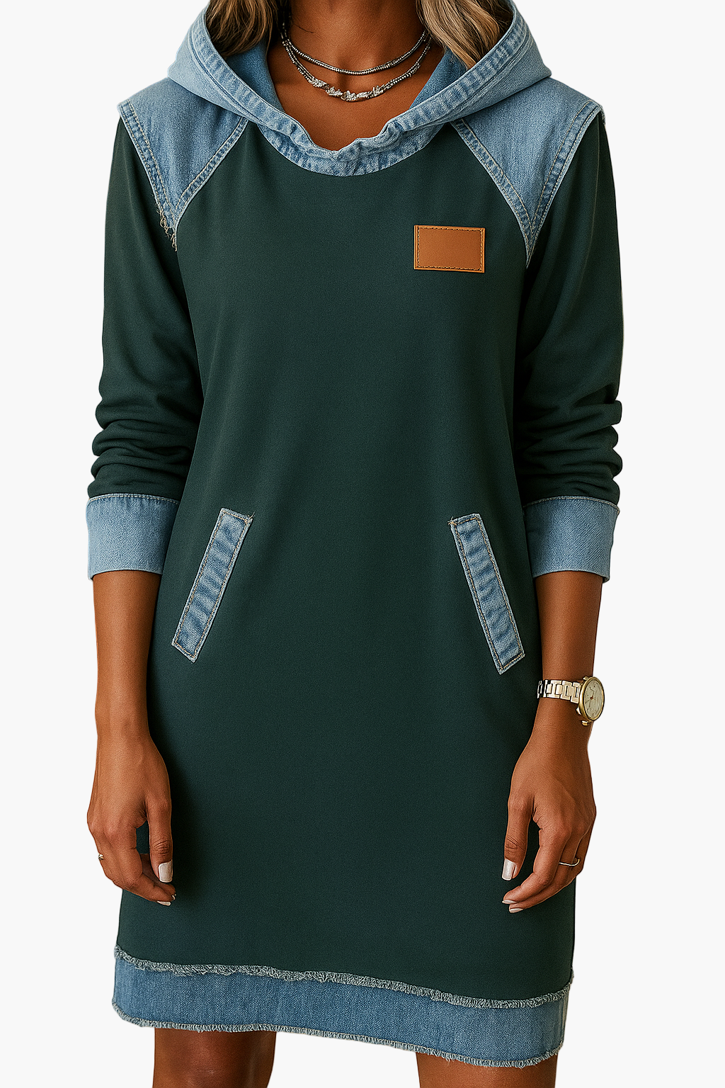 Damen Hoodie-Kleid im Casual-Stil mit Denim-Details – Perfekt für Alltag und Freizeit