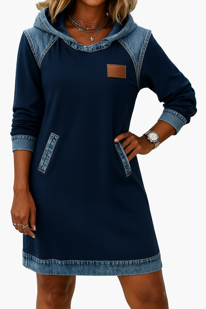 Damen Hoodie-Kleid im Casual-Stil mit Denim-Details – Perfekt für Alltag und Freizeit