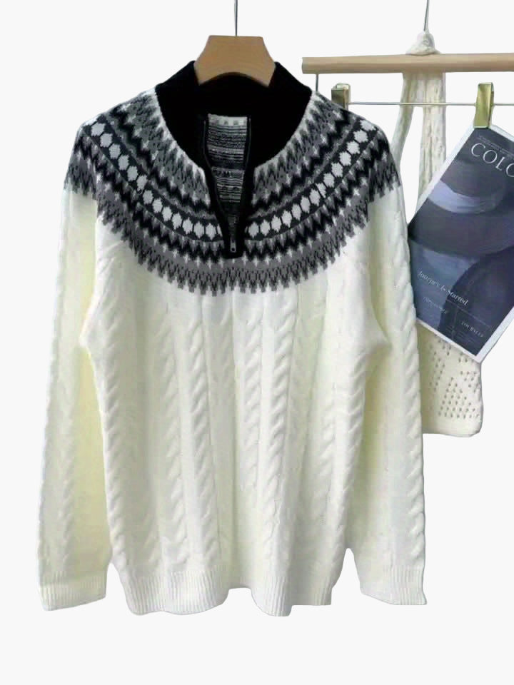 Herren Strickpullover mit Norwegermuster und Stehkragen – Modischer Winterpullover mit Zopfmuster und Reißverschluss