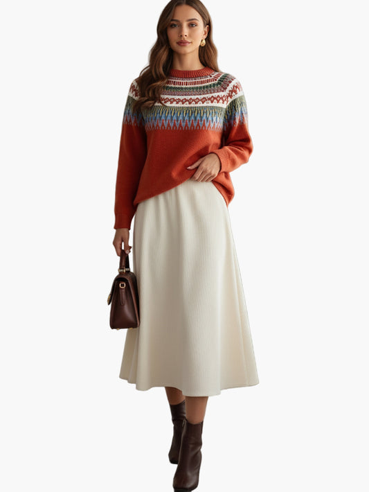 Damen Strickpullover mit geometrischem Muster und A-Linien Rock – Eleganter Freizeit-Look für Herbst und Frühling