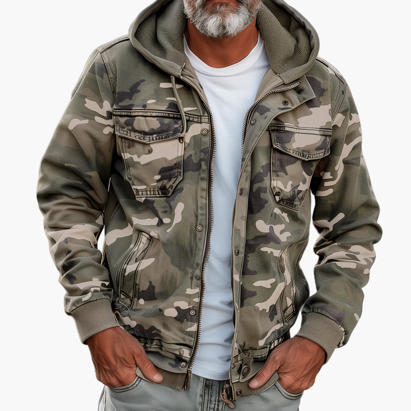 Herren Cargo-Jacke im Camouflage-Stil mit Kapuze – Modischer Outdoor- und Streetwear-Look