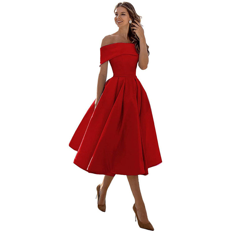 Schulterfreies Sommerkleid Damen – Luftiges elegantes Satin Cocktailkleid