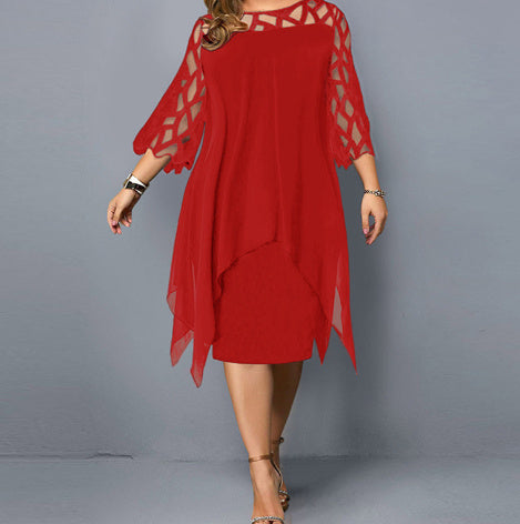 Damen Chiffonkleid mit Spitzenärmeln und asymmetrischem Saum – Elegantes Abend- und Partykleid in großen Größen