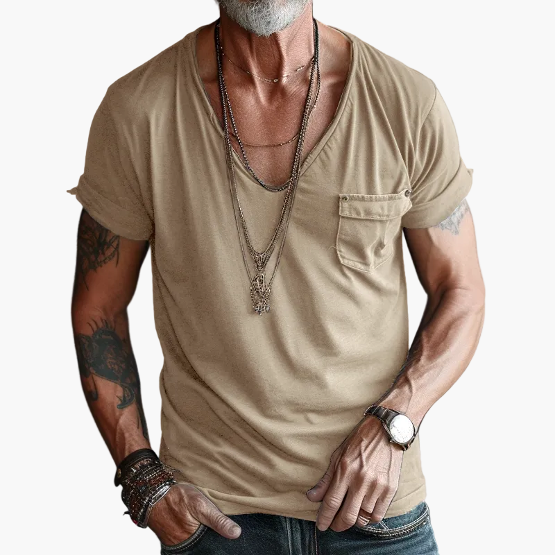 Camiseta casual vintage para hombre con escote en V y bolsillo en el pecho – Estilo urbano moderno para día a día y salidas