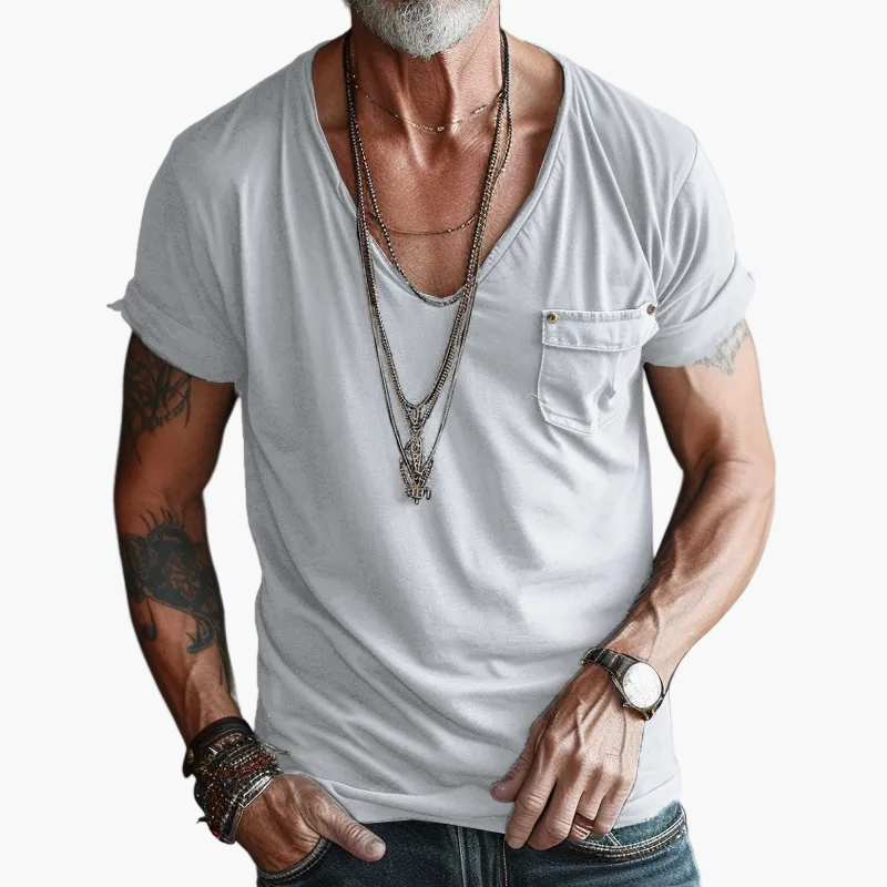 Camiseta casual vintage para hombre con escote en V y bolsillo en el pecho – Estilo urbano moderno para día a día y salidas