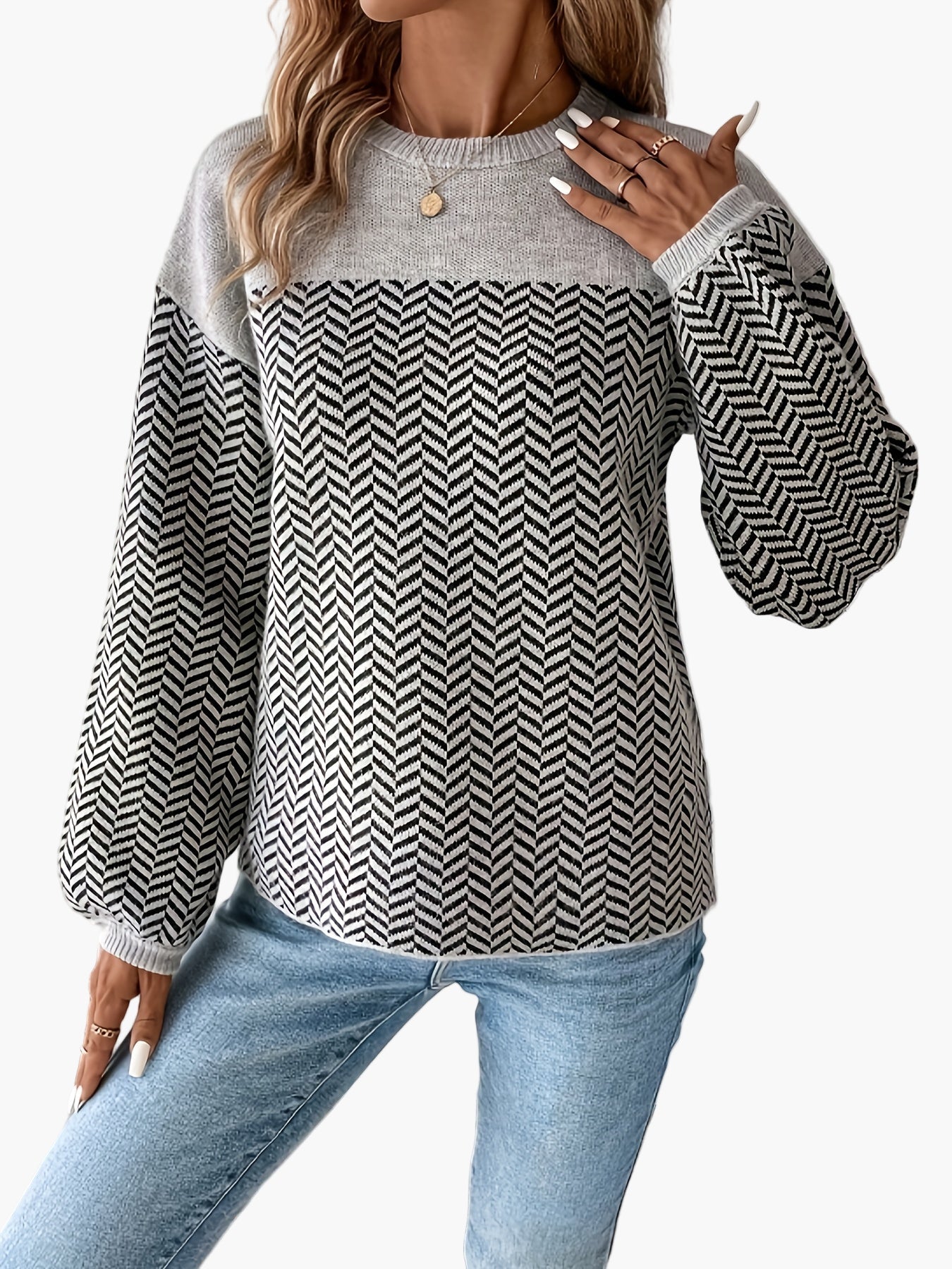 Damen Strickpullover im modernen Chevron-Muster für Freizeit und Alltag