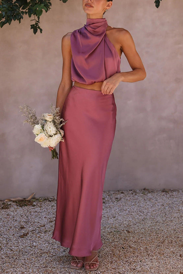 Zweiteiliges Damen-Set in Rost-Satin – Elegantes Neckholder-Bustier und Maxirock für Hochzeiten oder Abendveranstaltungen