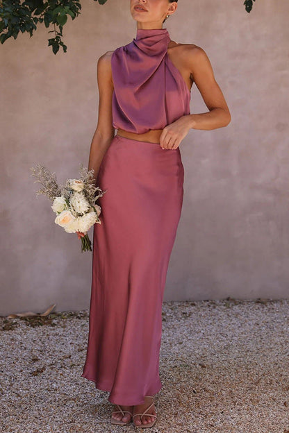 Zweiteiliges Damen-Set in Rost-Satin – Elegantes Neckholder-Bustier und Maxirock für Hochzeiten oder Abendveranstaltungen