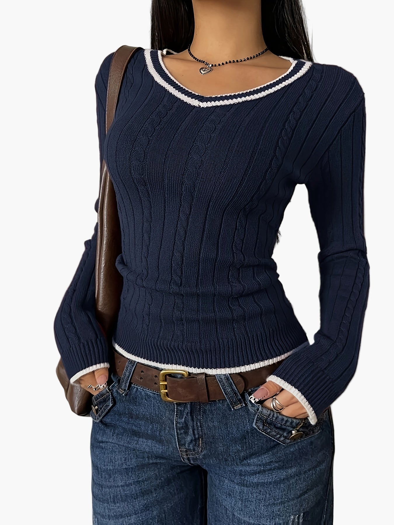 Damen Strickpullover mit V-Ausschnitt im Casual Stil – Modischer Alltags-Pullover für Freizeit und Büro
