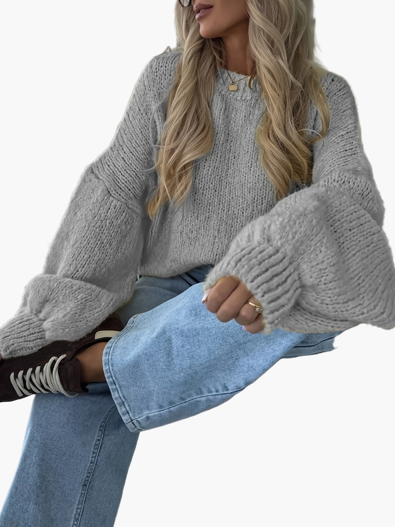 Damen Oversize Strickpullover mit Ballonärmeln – Lässiger Herbst/Winter Look