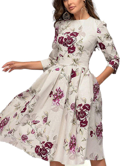 Dam A-linje klänning med blommönster – Elegant midiklänning för kontor och speciella tillfällen