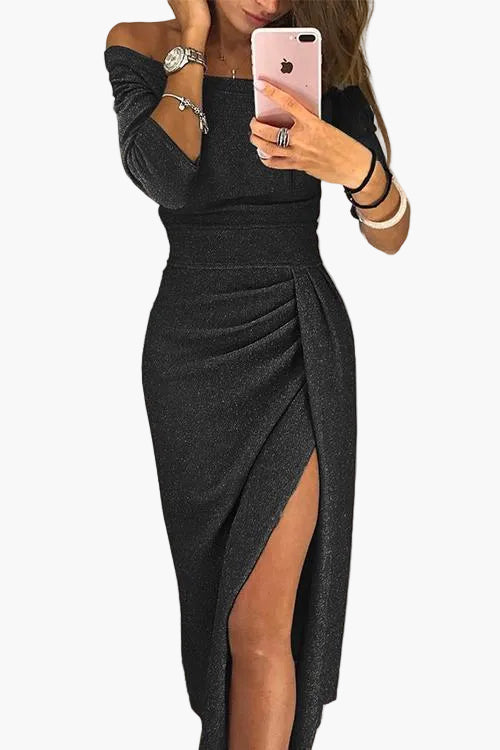 Dam axelbandslös aftonklänning med sexig slits – Elegant festklänning för speciella tillfällen