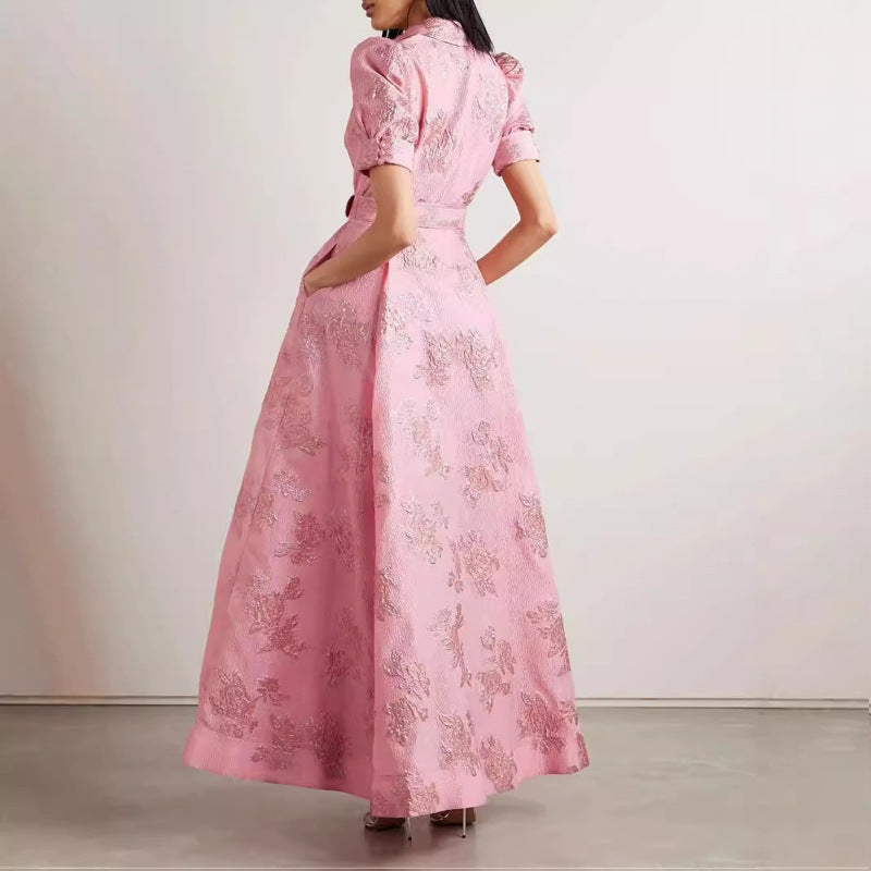 Robe longue femme élégante coupe A pour occasions spéciales – Mode de soirée chic avec ceinture et manches courtes