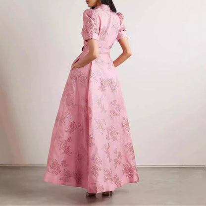 Robe longue femme élégante coupe A pour occasions spéciales – Mode de soirée chic avec ceinture et manches courtes