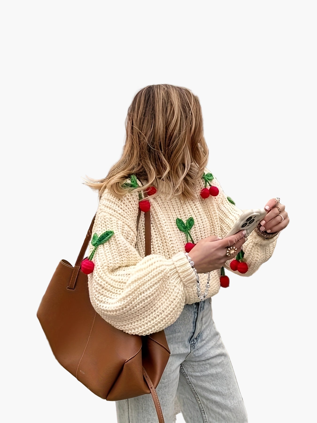 Damen Pullover mit Kirsch-Stickerei und lässigem Strick-Design – Verspielter Herbst/Winter Style