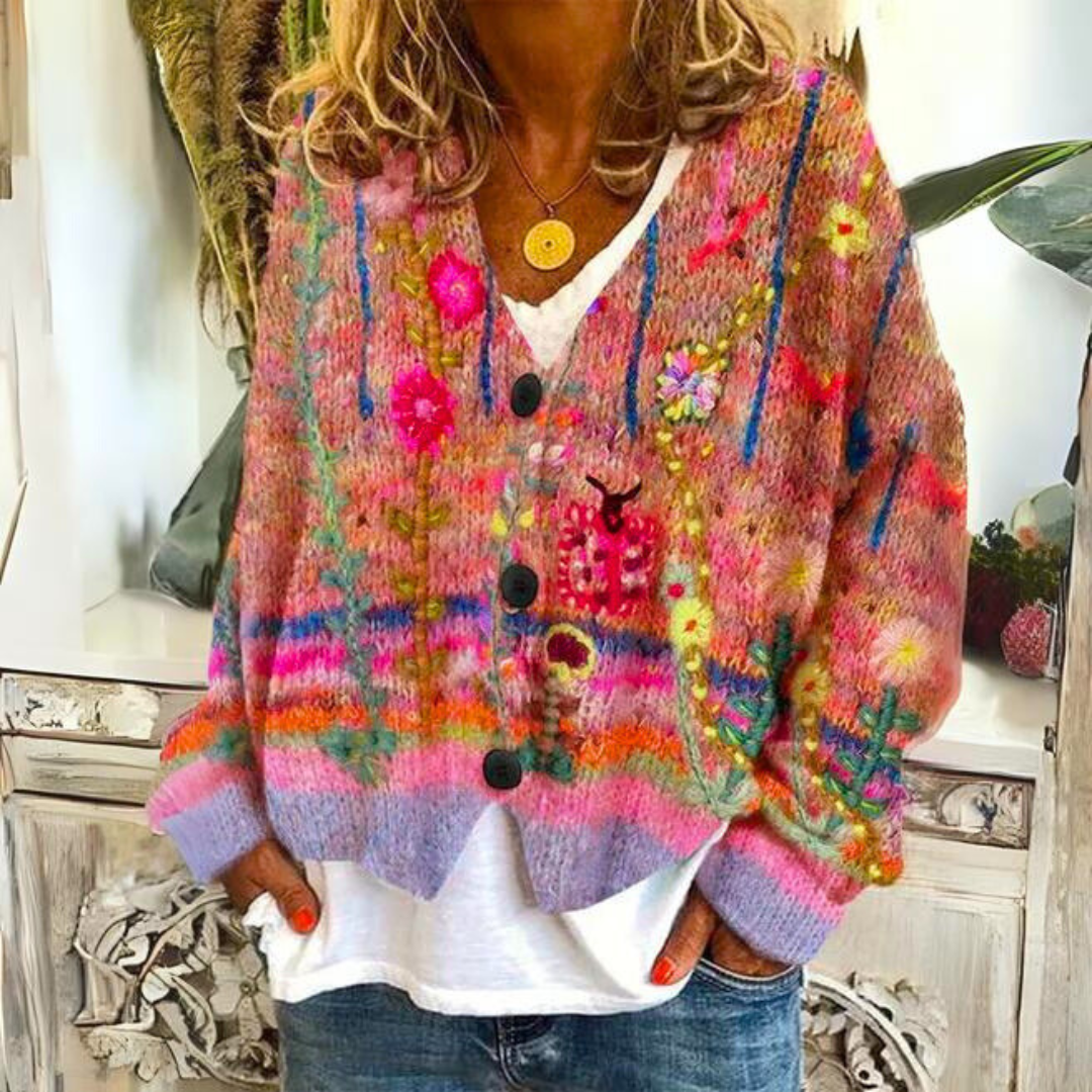 Cárdigan de punto estilo boho para mujer con acentos florales – Cárdigan acogedor y a la moda para tiempo libre y día a día