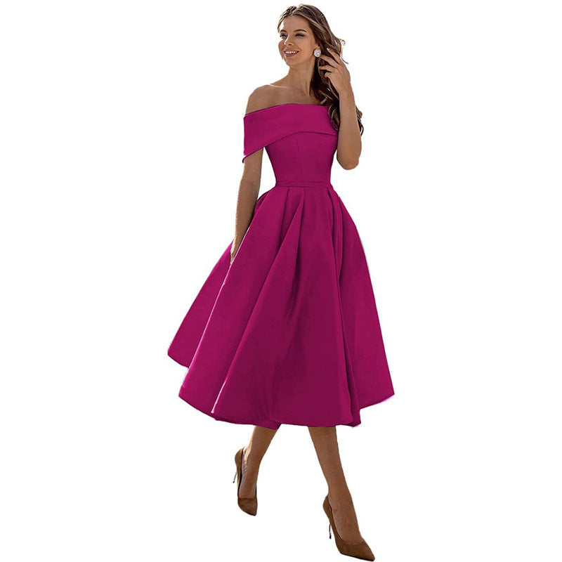 Schulterfreies Sommerkleid Damen – Luftiges elegantes Satin Cocktailkleid