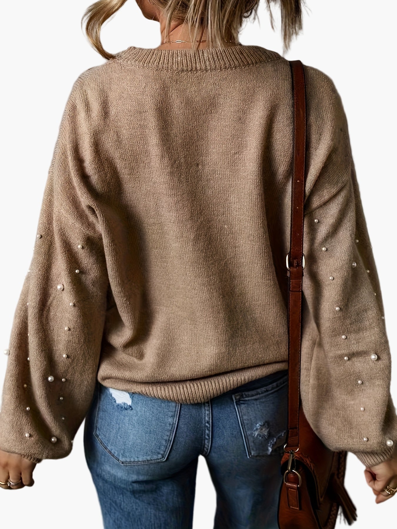 Damen Pullover Elegant mit Perlenbesatz und Ballonärmeln – Modischer Strickpullover für Alltag und Büro