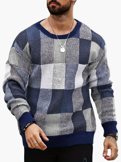Herren Grobstrick Pullover Kariert Lässiger Style für Herbst und Winter