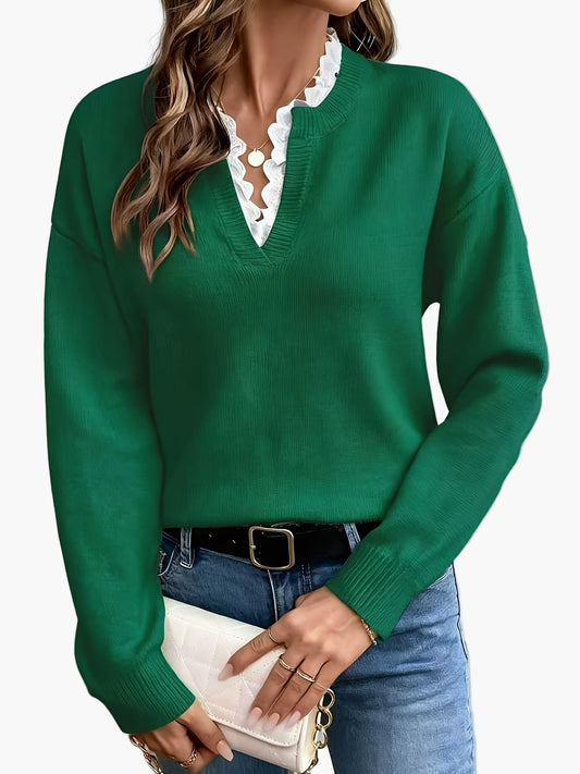 Damen Eleganter Pullover mit Spitze und V-Ausschnitt – Modischer Freizeit-Look für Herbst & Winter