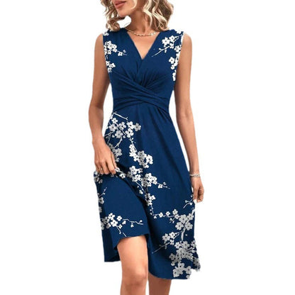 Ärmelloses Damenkleid mit V-Ausschnitt – Elegantes Sommerkleid in Dunkelblau mit Kirschblüten-Print