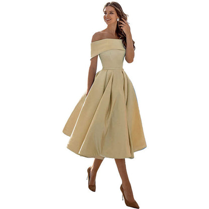 Schulterfreies Sommerkleid Damen – Luftiges elegantes Satin Cocktailkleid