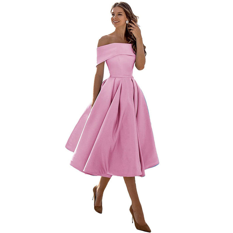 Schulterfreies Sommerkleid Damen – Luftiges elegantes Satin Cocktailkleid