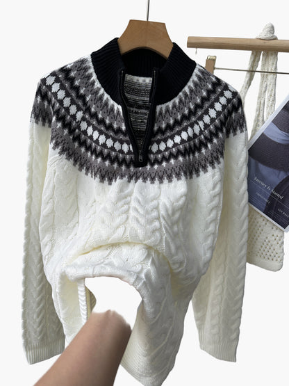 Herren Strickpullover mit Norwegermuster und Stehkragen – Modischer Winterpullover mit Zopfmuster und Reißverschluss