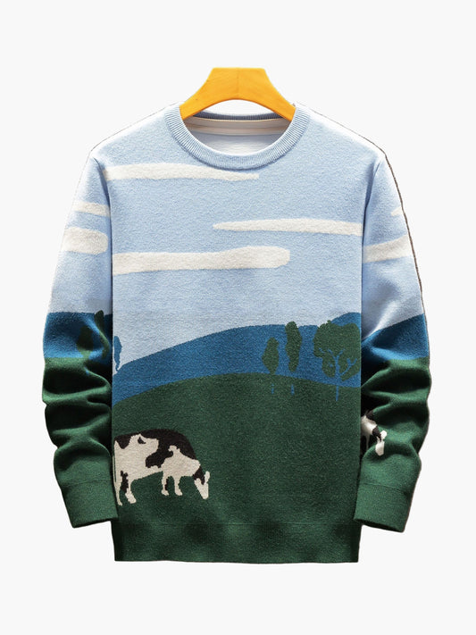 Herren Pullover mit Landschafts- und Tiermotiv, Casual Style für Herbst und Winter