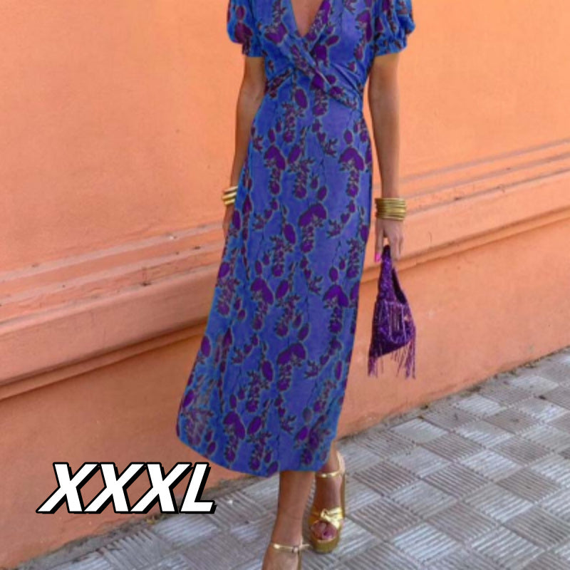 Betty – Długa, elegancka, dopasowana sukienka z dekoltem w serek, kontrastowym kolorem i krótkimi rękawami