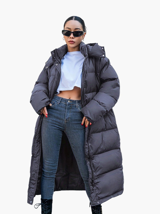Damen Steppmantel Lang mit Kapuze – Modischer Wintermantel für Alltag & City-Look