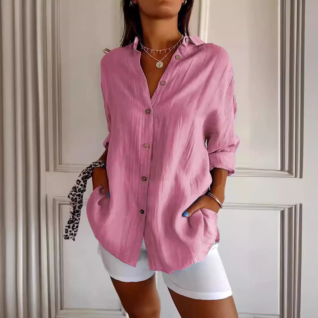 Lauren – Camisa de manga larga con solapa y plisado para mujer