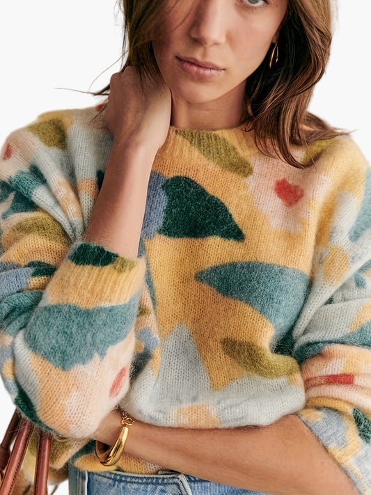 Damen Pullover im floralen Colorblock-Design – Eleganter Strickpullover für Herbst & Winter