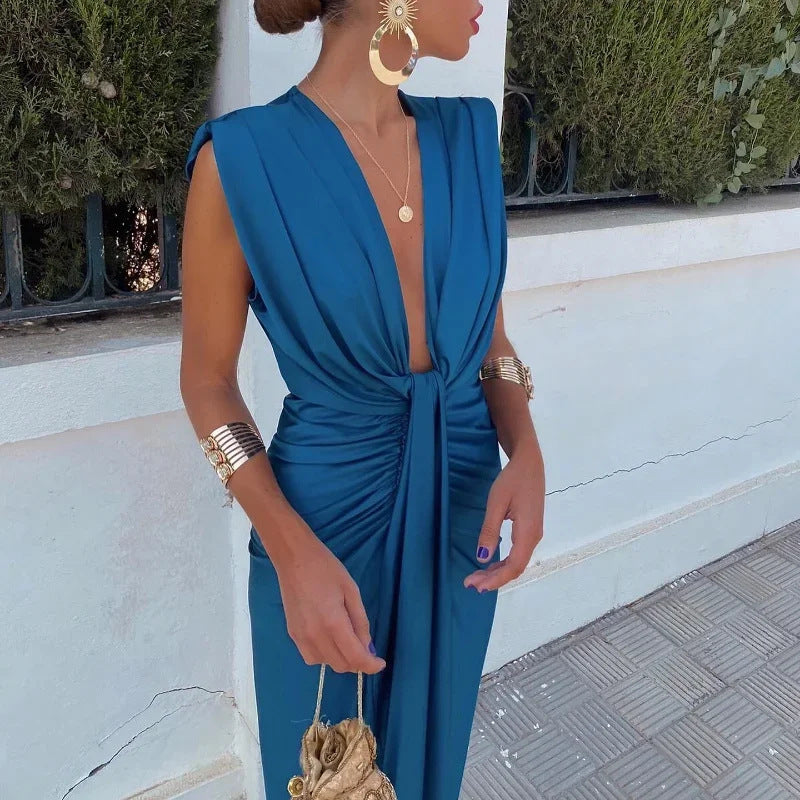 Robe de soirée élégante pour femmes avec décolleté en V profond et drapé – Parfaite pour occasions spéciales