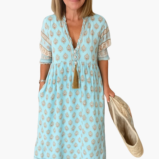 Dam Boho-midiklänning med tryck och 3/4-ärmar – Sommarstil, fritid & semester