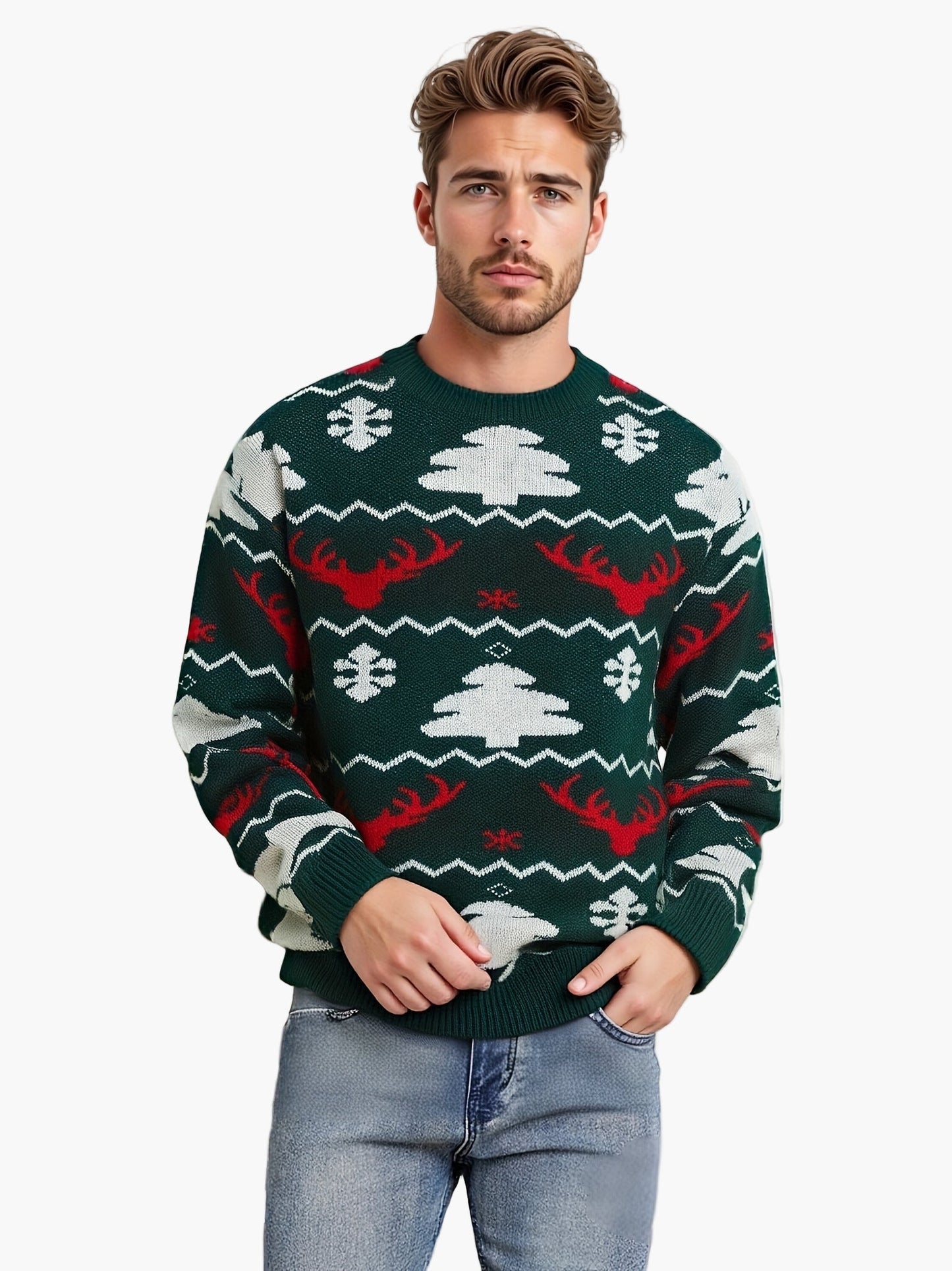 Herren Weihnachts-Pullover mit Rentier- und Tannenbaum-Muster, ideal für festliche Partys und Winter