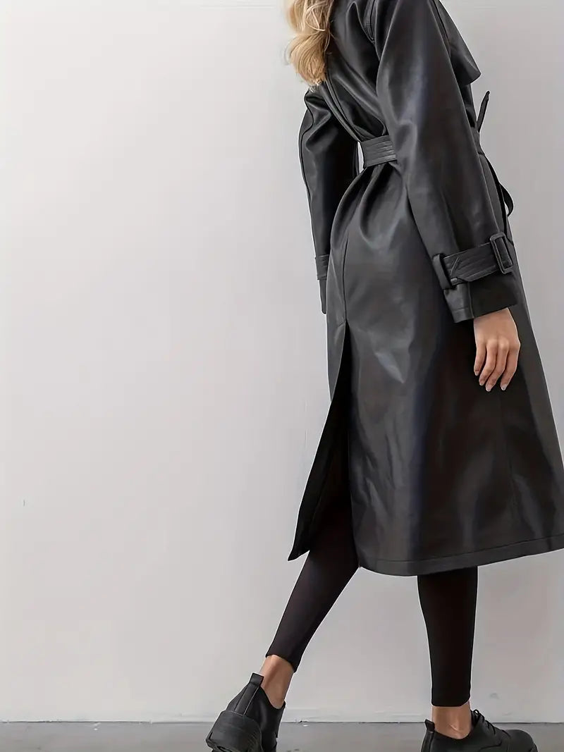 Damen Trenchcoat – Eleganter langer Mantel mit Gürtel und breitem Revers – Modischer Look für Alltag und Business