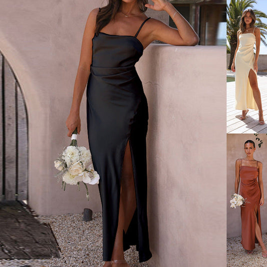 Elegantes Schwarzes Satinkleid mit Beinschlitz – Abendkleid für Damen