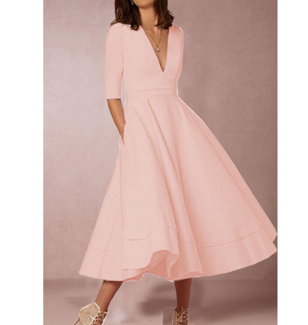 Elegantes Damen-Midikleid – A-Linie, V-Ausschnitt, Halbarmlänge