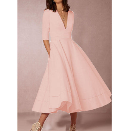 Elegantes Damen-Midikleid – A-Linie, V-Ausschnitt, Halbarmlänge