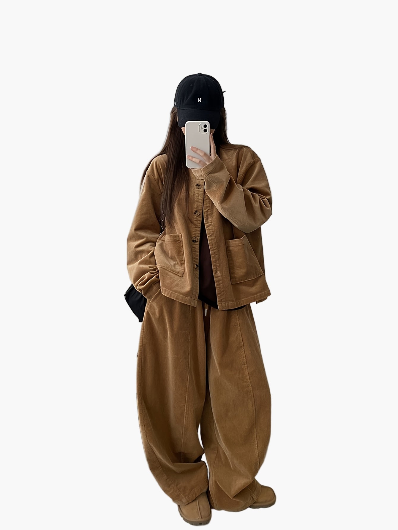 Survêtement élégant femme à jambes larges pour automne/hiver – Ensemble deux-pièces streetstyle ample