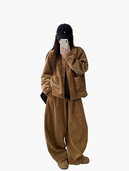 Survêtement élégant femme à jambes larges pour automne/hiver – Ensemble deux-pièces streetstyle ample