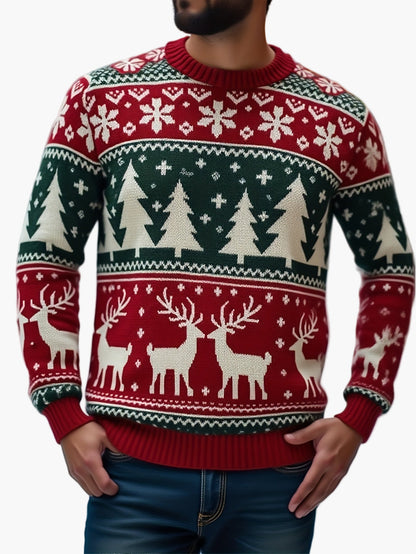 Herren Weihnachtspullover mit Rentier- und Tannenbaum-Muster – Perfekt für Festtage & Partys