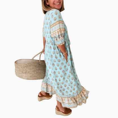 Dam Boho-midiklänning med tryck och 3/4-ärmar – Sommarstil, fritid & semester