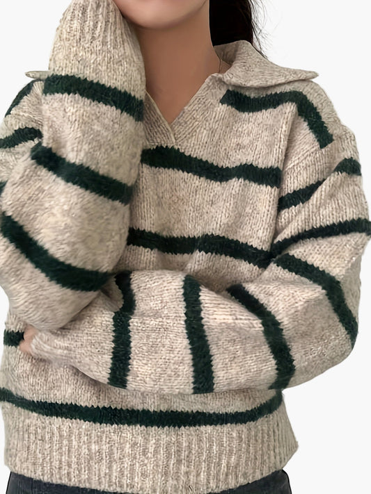 Damen Strickpullover mit Streifenmuster und Kragen – Eleganter Freizeit-Look für Herbst und Winter