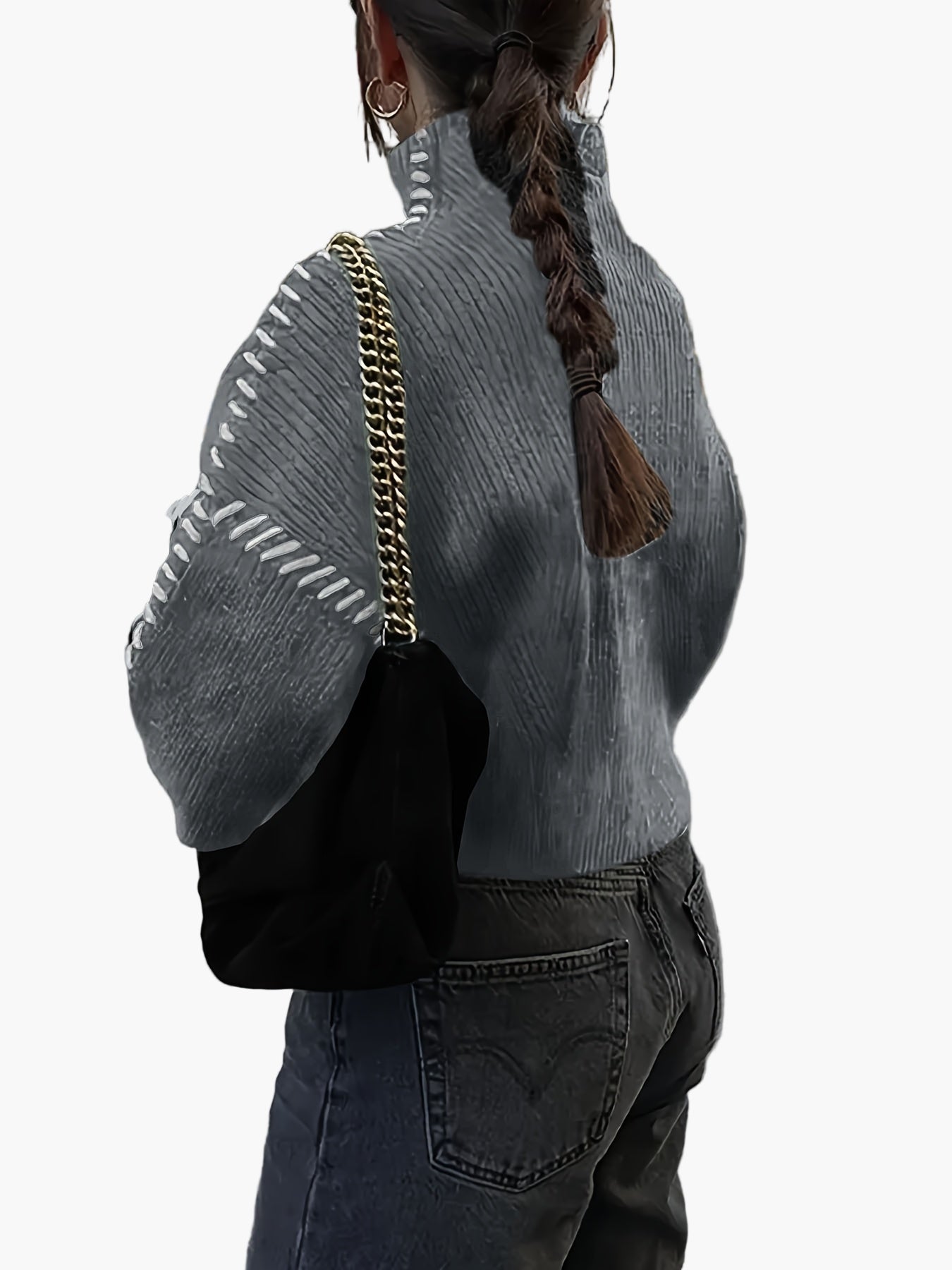 Damen Oversize-Strickpullover mit Ziernähten und Stehkragen – Modischer Herbst/Winter Sweater