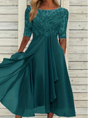 Elegantes Damen-Midikleid aus Chiffon mit Spitze und 3/4-Ärmeln – Abend- & Cocktailkleid